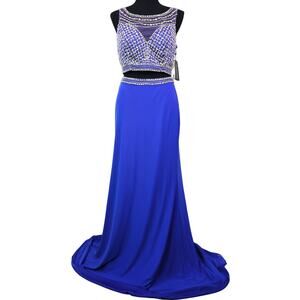 NWT Clarisse Royal Blue Halter Dress Gown rhinestone 2 Piece sequin Womens 10
